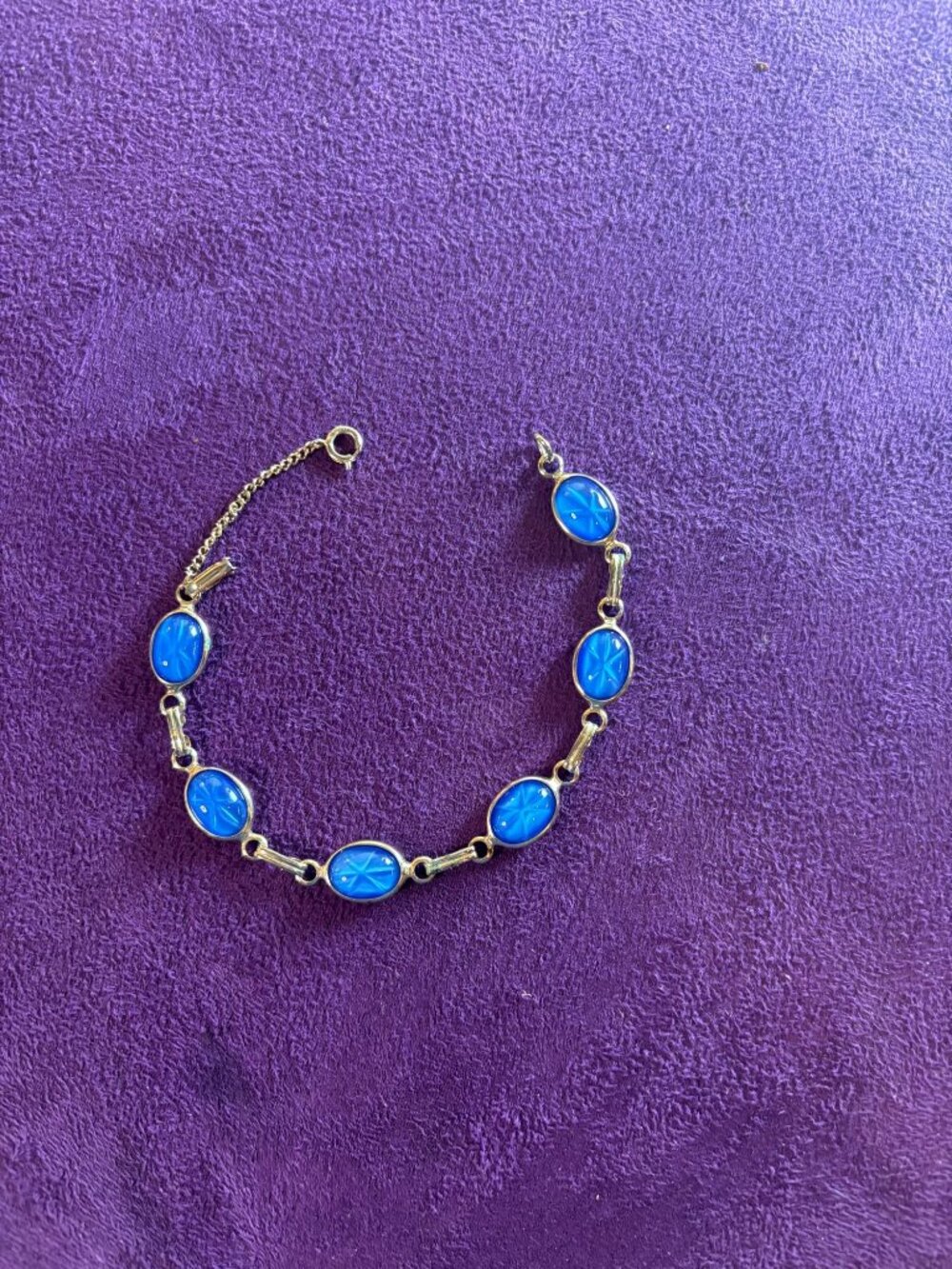 Blue Star Glass Oval Link Bracelet With Gold-Tone Chain & Clasp Vintage Gift - Picture 2 of 9